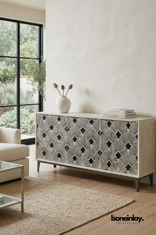 Natural wood media unit featuring a black and ivory scalloped fan bone inlay pattern across three doors. Finished with tapered dark wood legs for a warm mid-century inspired look. Styled with a ceramic vase, dried botanicals, and stacked books near a glass coffee table. An eye-catching storage piece for living and dining room settings.
