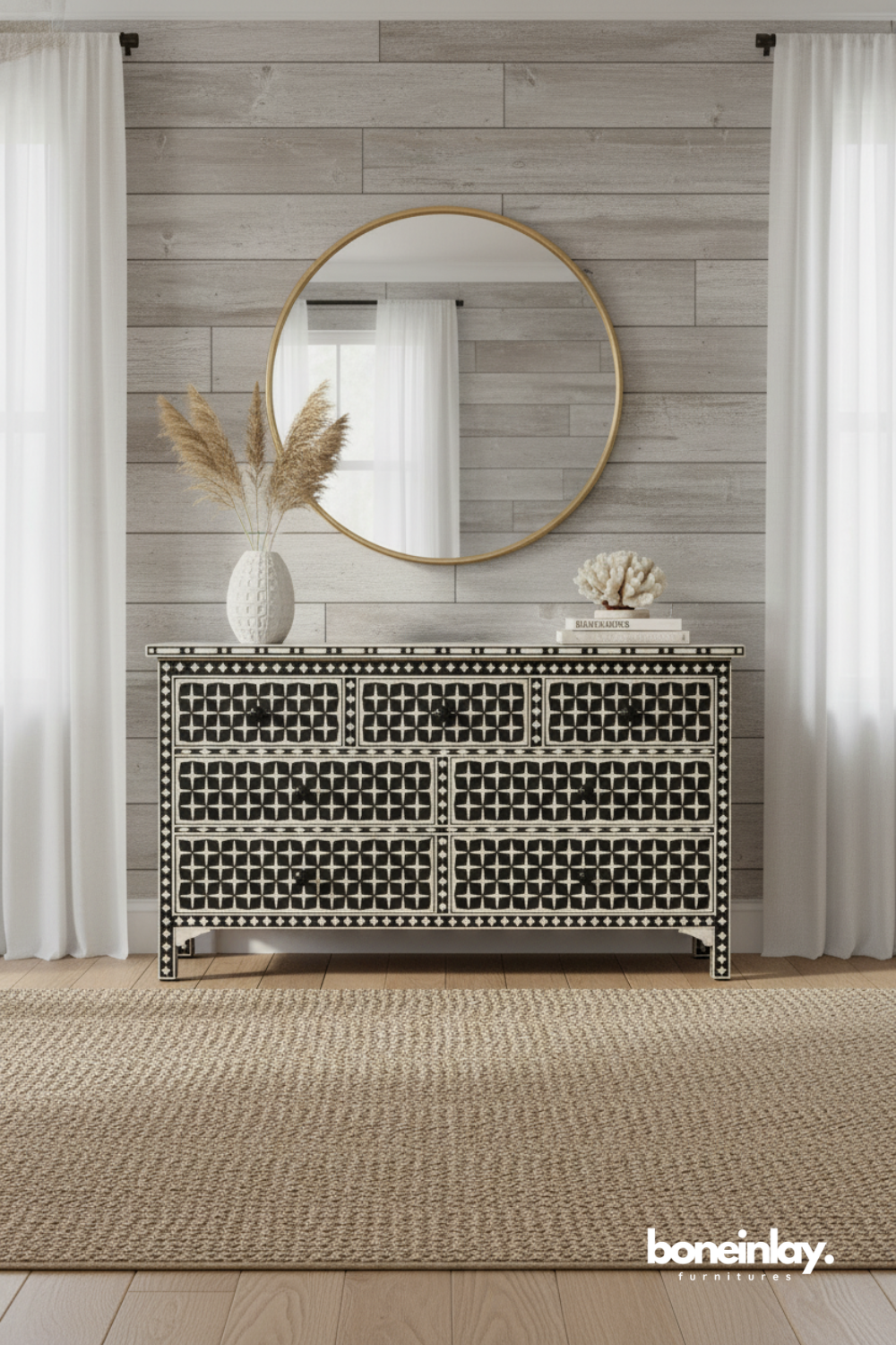 Black and White Lattice Bone Inlay Storage Dresser
