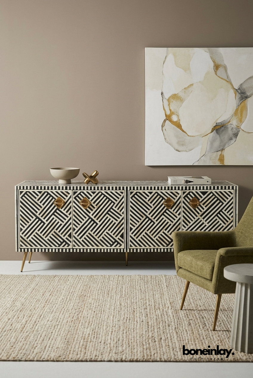 Black and White Geometric Bone Inlay Media Unit with Brass Handles in Modern Luxury Living Room