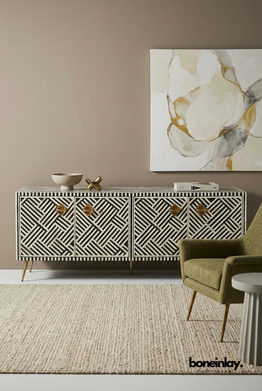 Black and White Geometric Bone Inlay Media Unit with Brass Handles in Modern Luxury Living Room