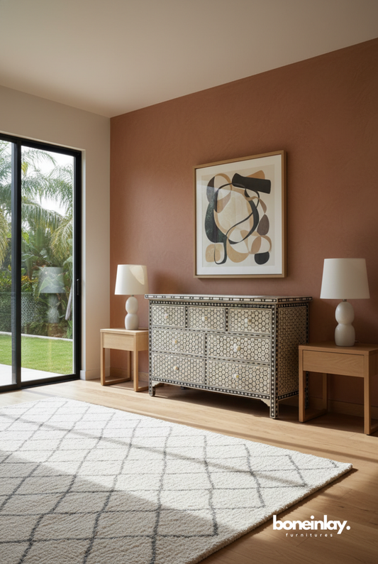 Black Bone Inlay Chest of Drawers Creating Contrast in a Warm Modern Space
