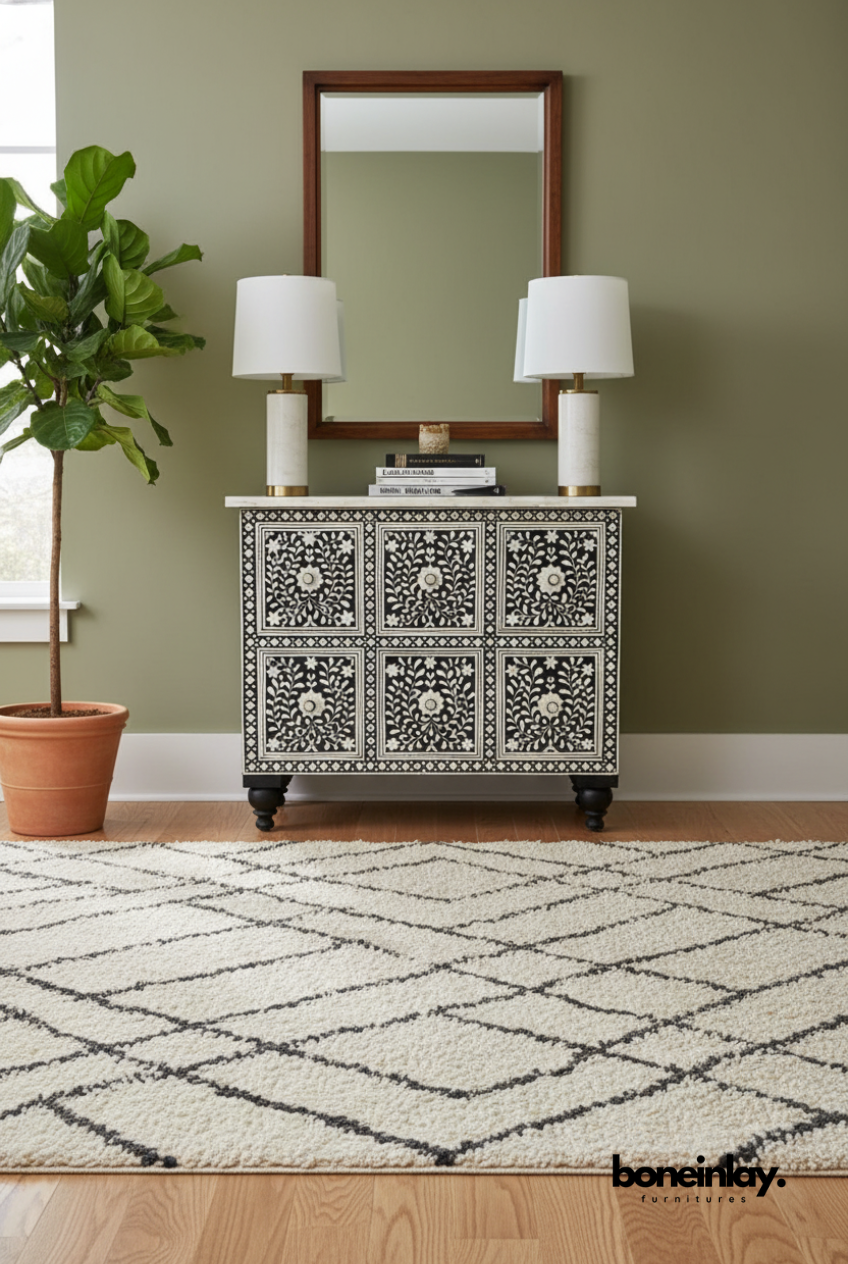 Black Floral Bone Inlay Cabinet with Timeless Vintage Charm