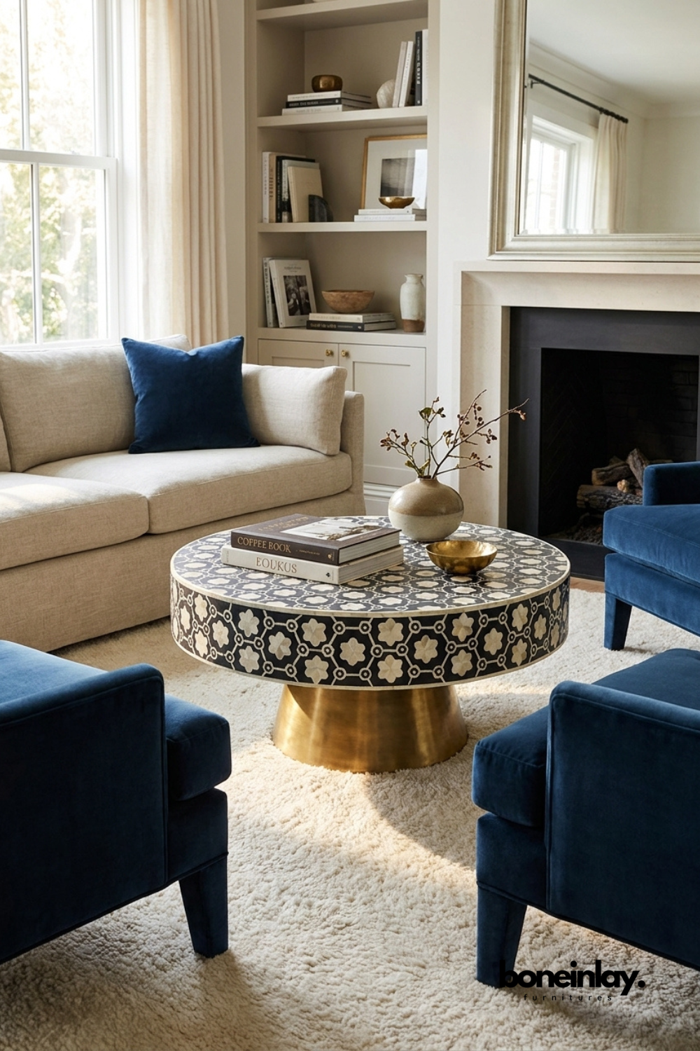 Round black bone inlay coffee table featuring a white floral pattern and a pedestal brass metal base in a stylish living room by Boneinlay Furnitures
