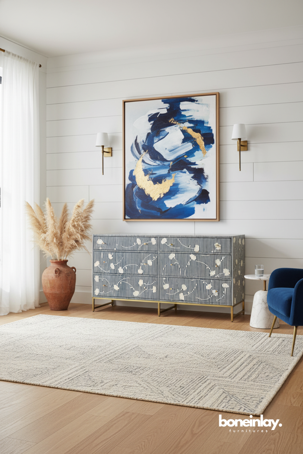 Grey Floral Bone Inlay Chest of Drawers with Brass Base