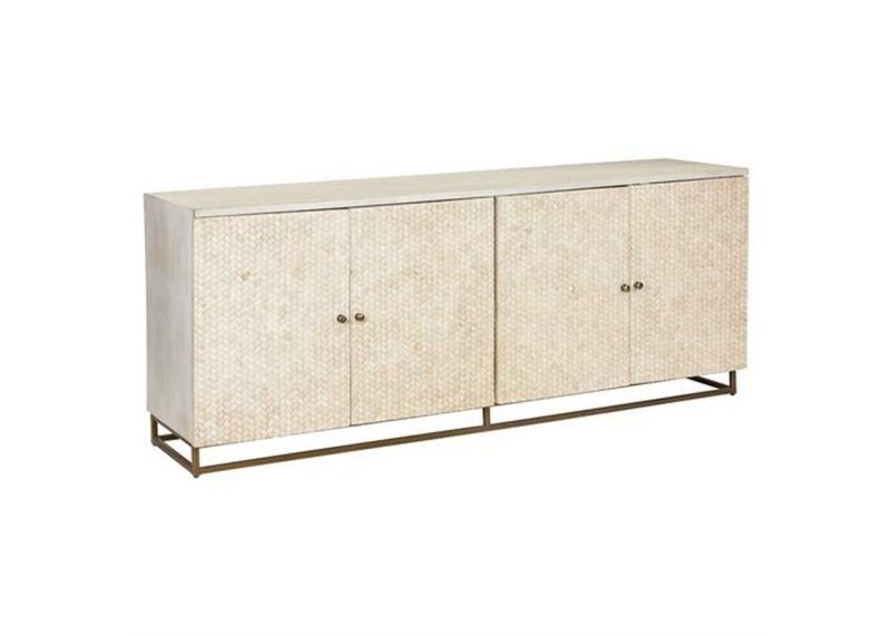 Handmade bone inlay buffet table featuring a herringbone pattern in cream tones with brass knobs and gold metal frame on white background