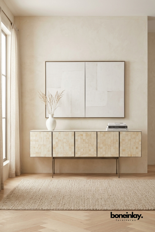 Beige bone inlay sideboard featuring a subtle checkerboard mosaic pattern across five cabinet doors. Supported by slender metal legs for a light, floating appearance in the room. Styled with a ceramic vase, dried pampas grass, and stacked books beneath a two-panel abstract painting. An understated statement piece for minimalist and modern interiors.