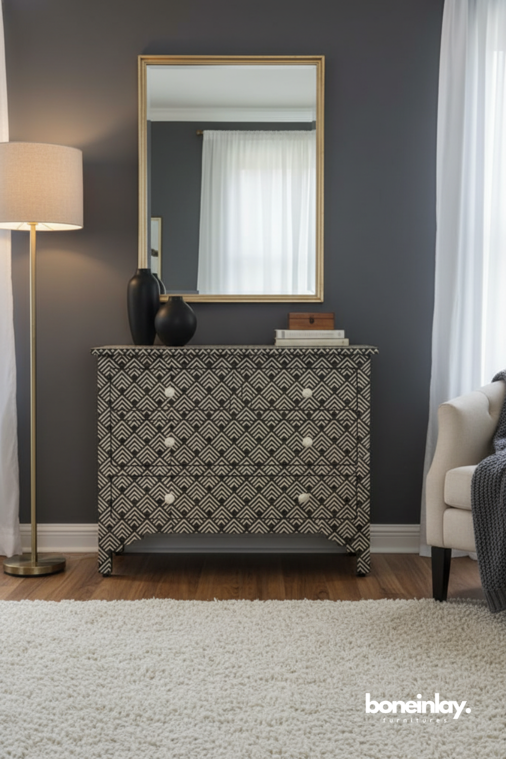 Black Geometric Bone Inlay Dresser Chest