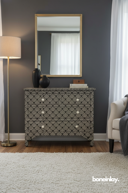Black Geometric Bone Inlay Dresser Chest