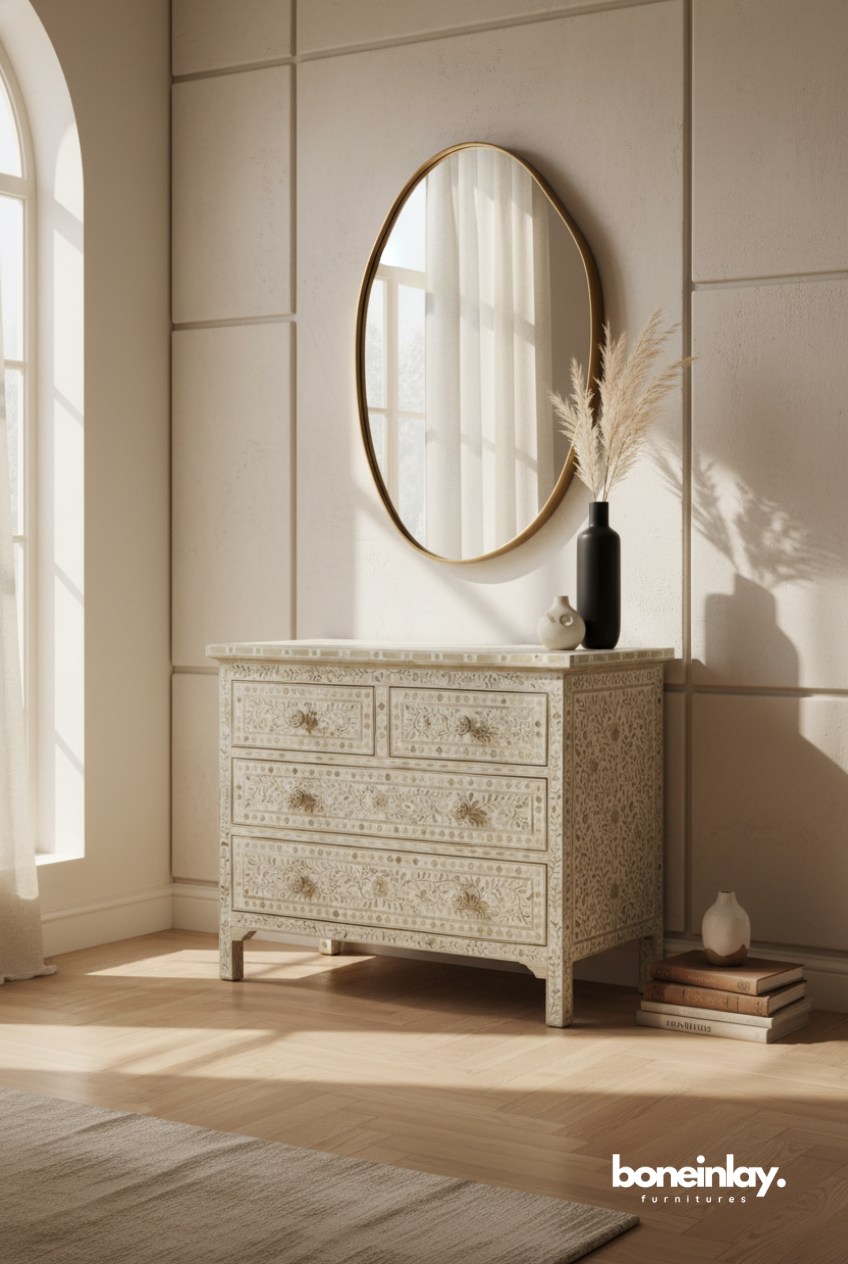 Ivory Carved Bone Inlay Dresser with Delicate Floral Artistry