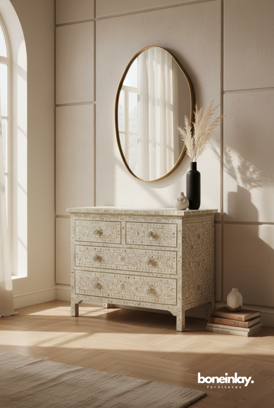Ivory Carved Bone Inlay Dresser with Delicate Floral Artistry
