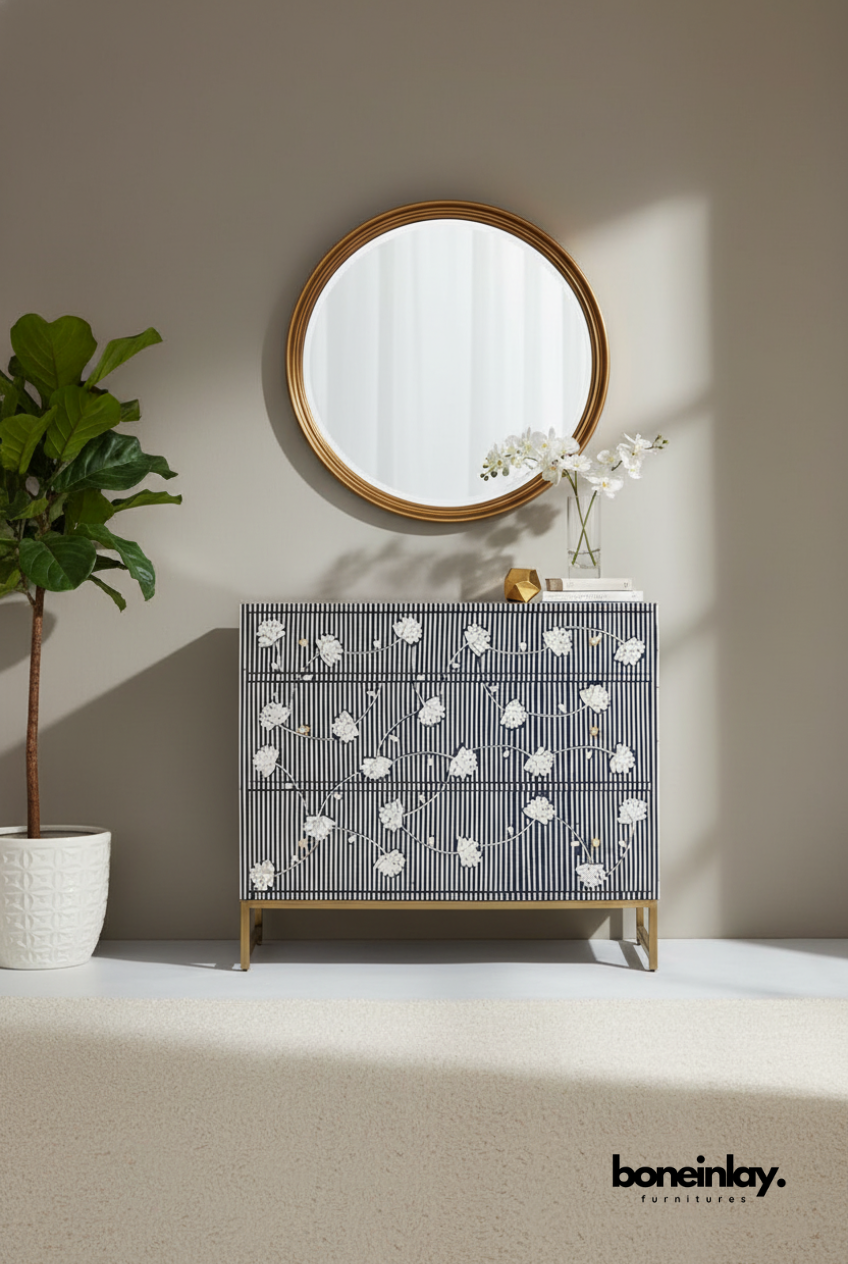 Modern Floral Inlay Storage Chest of Three Drawers with Gold Metal Legs
