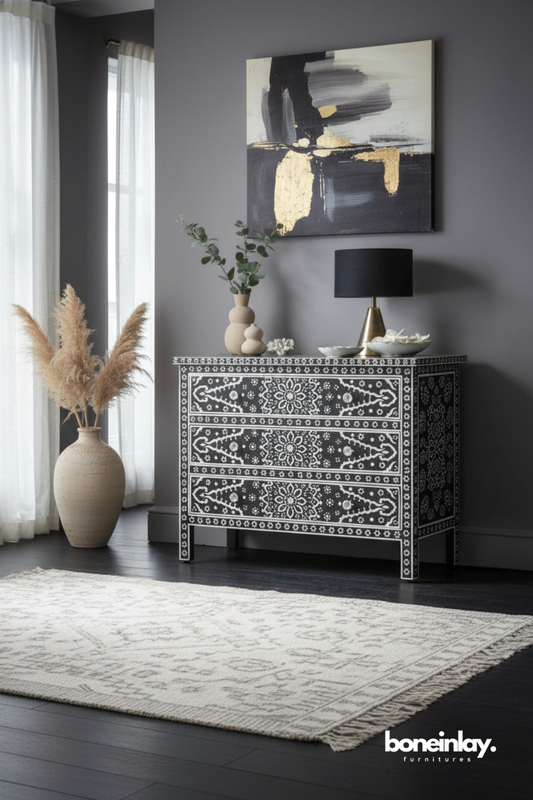 Black Floral Bone Inlay Chest of Drawers with Handcrafted Detail