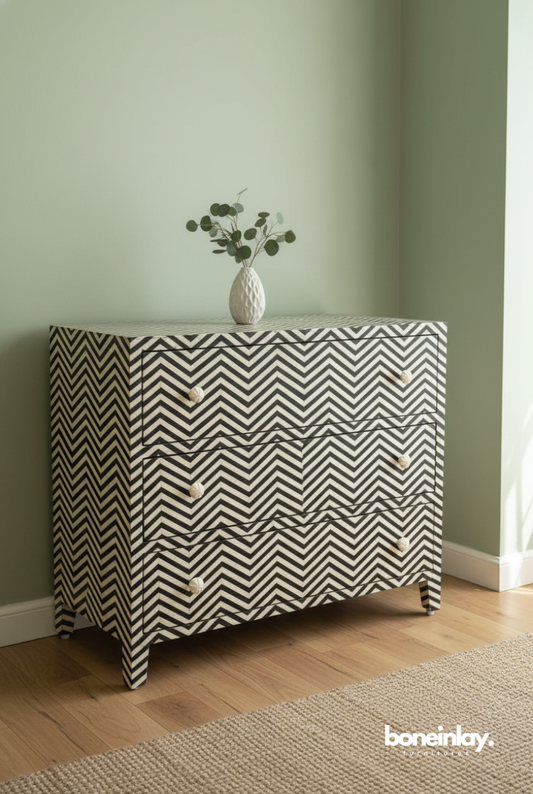 Handmade black and white bone inlay dresser with a zig-zag Chevron pattern, three drawers, and matching decorative bone knobs.
