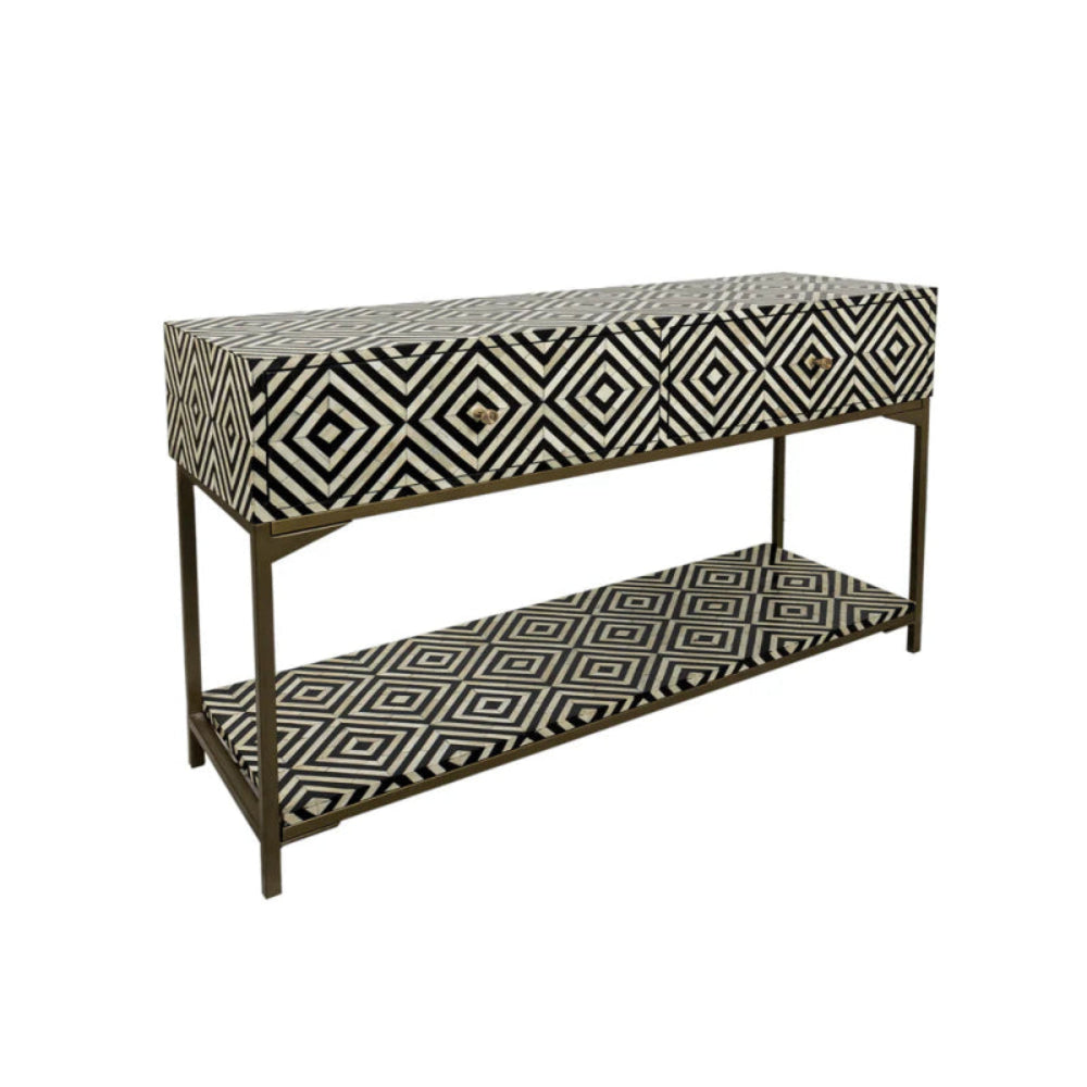Handmade bone inlay console table featuring bold diamond geometric pattern on drawer fronts and lower shelf, set on a dark metal frame, white background