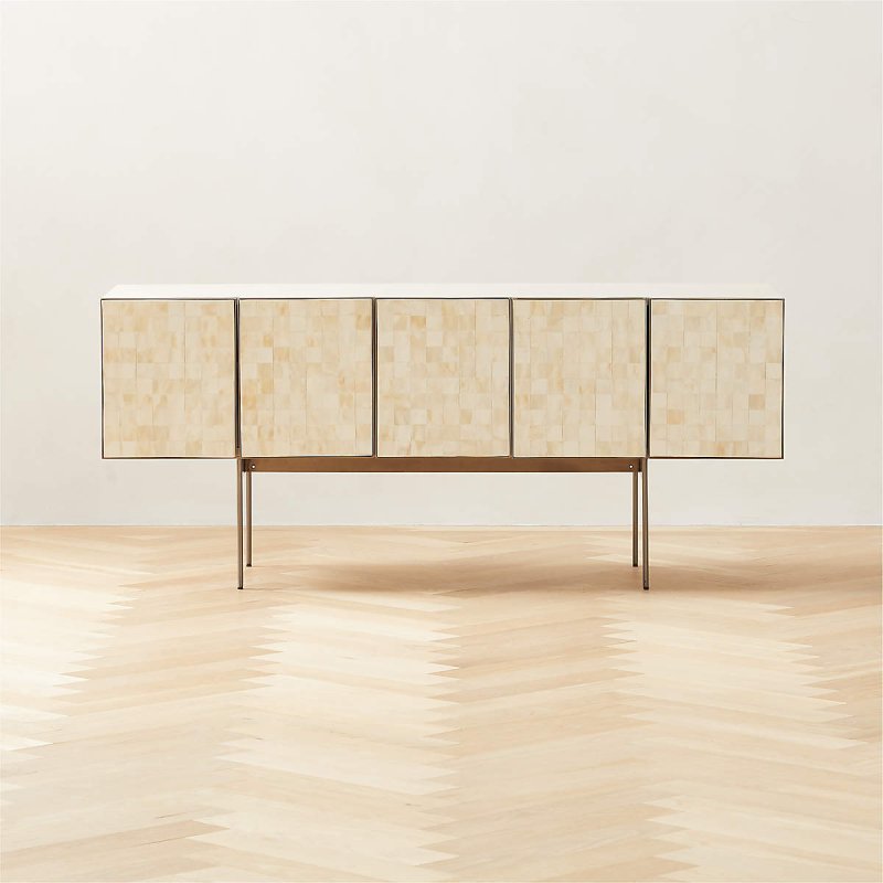 Handmade bone inlay five-door media console in ivory carreau mosaic pattern, raised on four slender dark metal legs with a natural wood cross-bar base. Clean white background showcasing the full cabinet structure, symmetrical door layout, and seamless inlay craftsmanship. Ideal luxury TV unit for living and entertainment spaces.