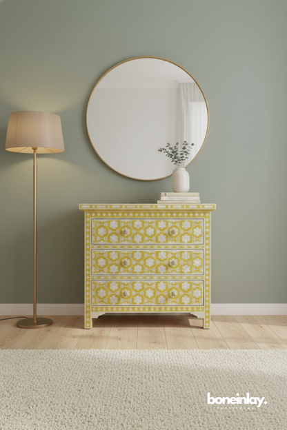 Yellow Floral Bone Inlay Chest with 3 Drawers
