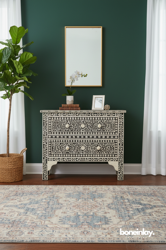 Black and White Floral Bone Inlay Chest of Drawers