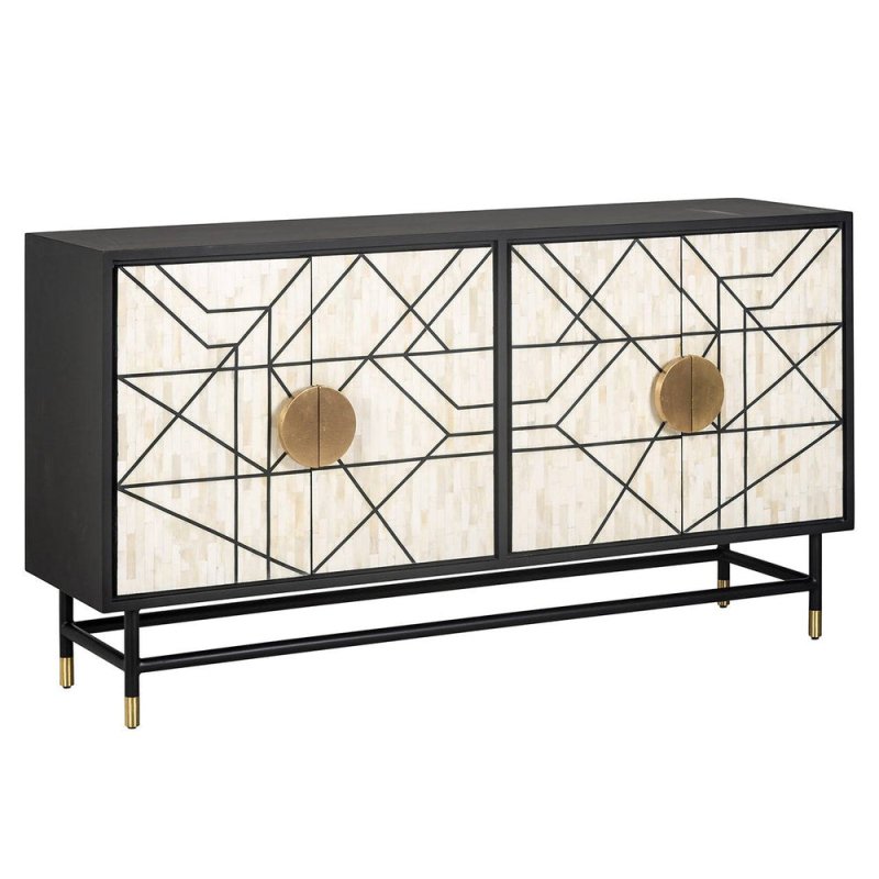 Handmade bone inlay four-door storage cabinet in monochrome finish with brass pull handles and black trestle frame for entryway or dining room