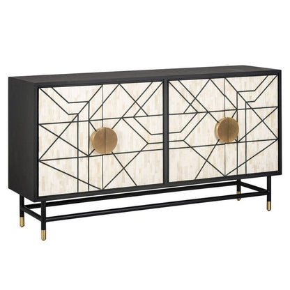 Handmade bone inlay four-door storage cabinet in monochrome finish with brass pull handles and black trestle frame for entryway or dining room
