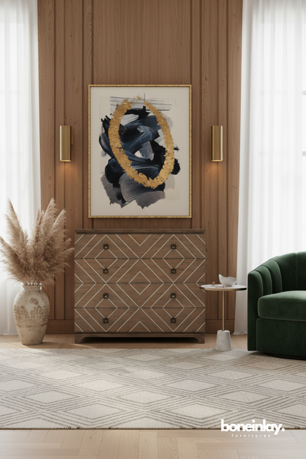Modern Geometric Wood Inlay Chest of Drawers in Walnut Finish