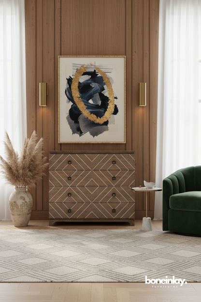 Modern Geometric Wood Inlay Chest of Drawers in Walnut Finish