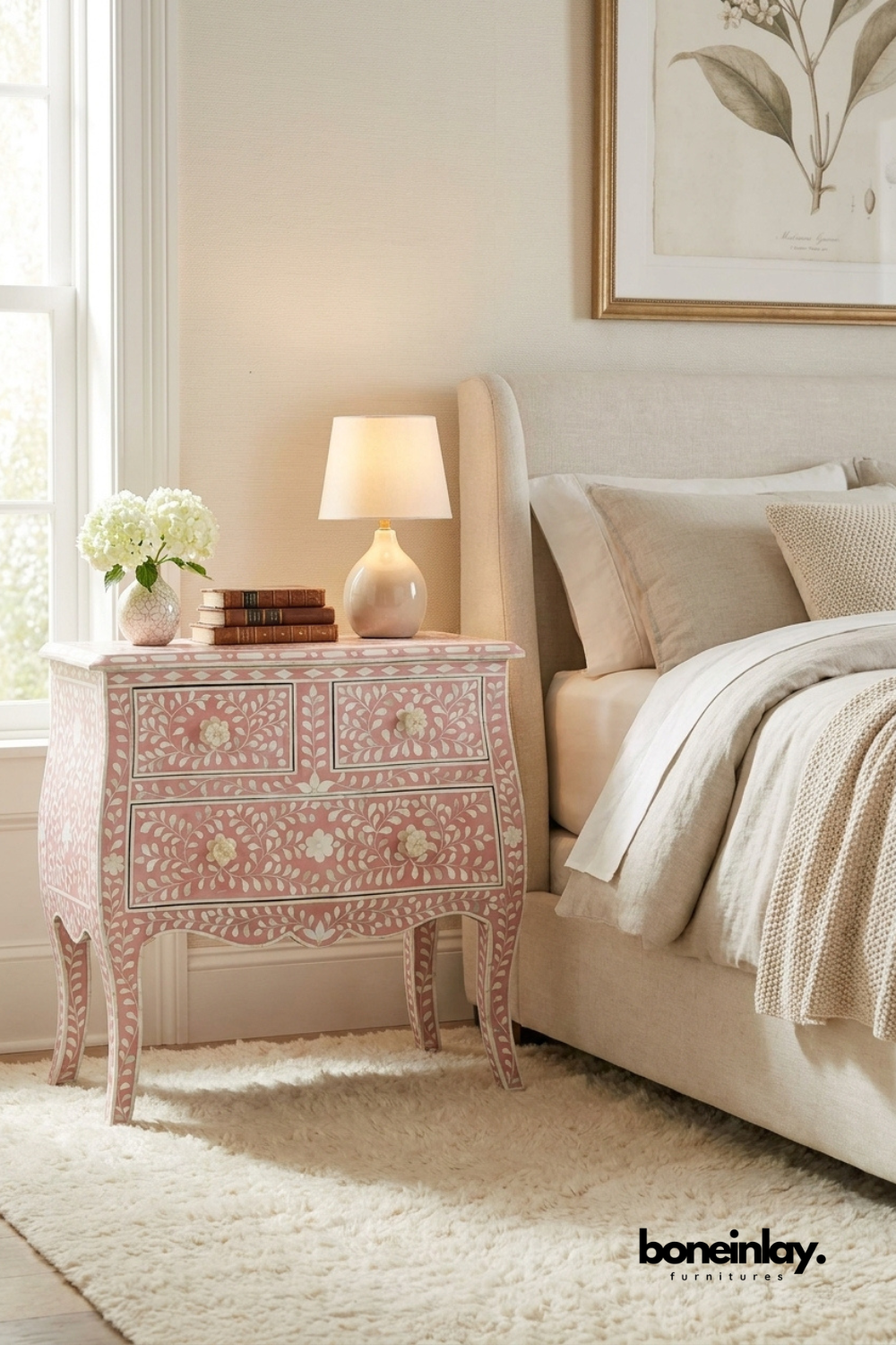 Blush Pink Bone Inlay Three Drawer Nightstand with Floral Motif Design