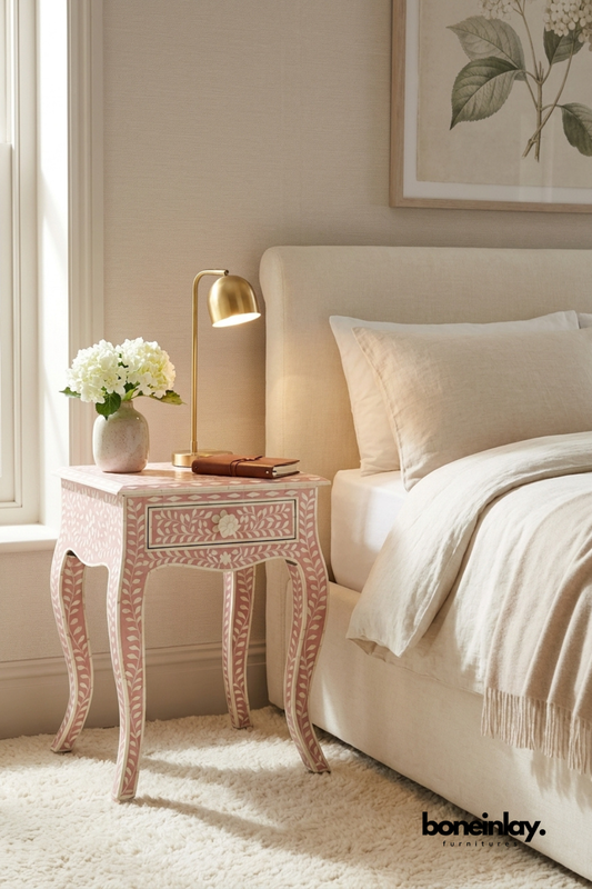 Blush Pink Bone Inlay Curved Leg Side Table with Floral Vine Pattern