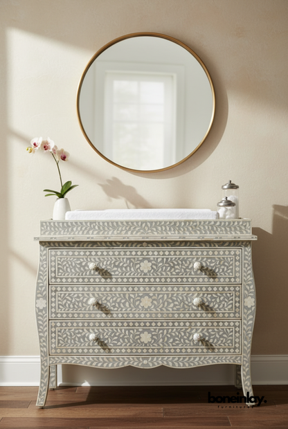 Handcrafted Floral Bone Inlay Vanity in a Soft Grey Finish