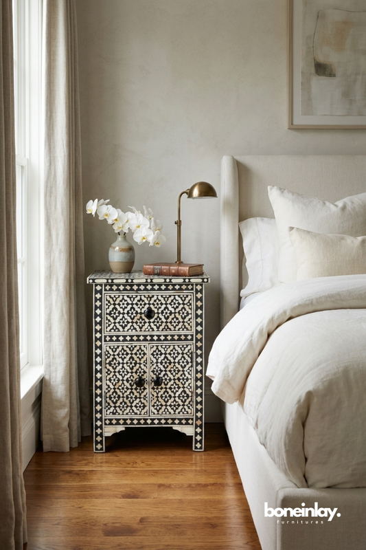 Black and White Bone Inlay Bedside Cabinet with Floral Geometric Pattern
