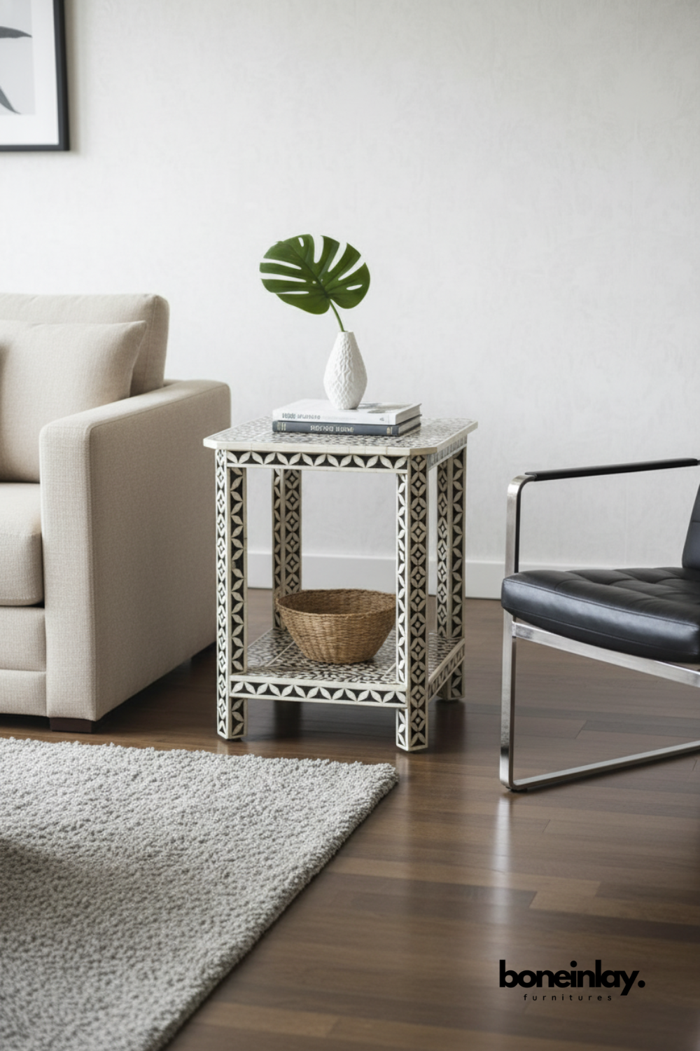 Bone Inlay Open Shelf Side Table in Black and White Geometric Pattern