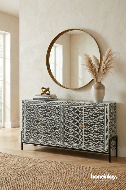 Black and white bone inlay buffet cabinet featuring intricate geometric craftsmanship, elegant symmetry, and timeless statement appeal.