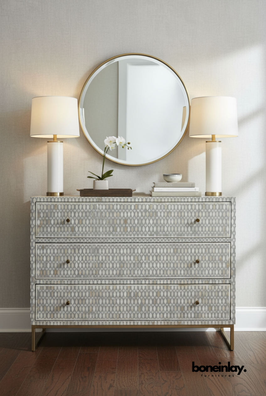 Grey Bone Inlay Dresser with Brass Base in a Soft Neutral Interior