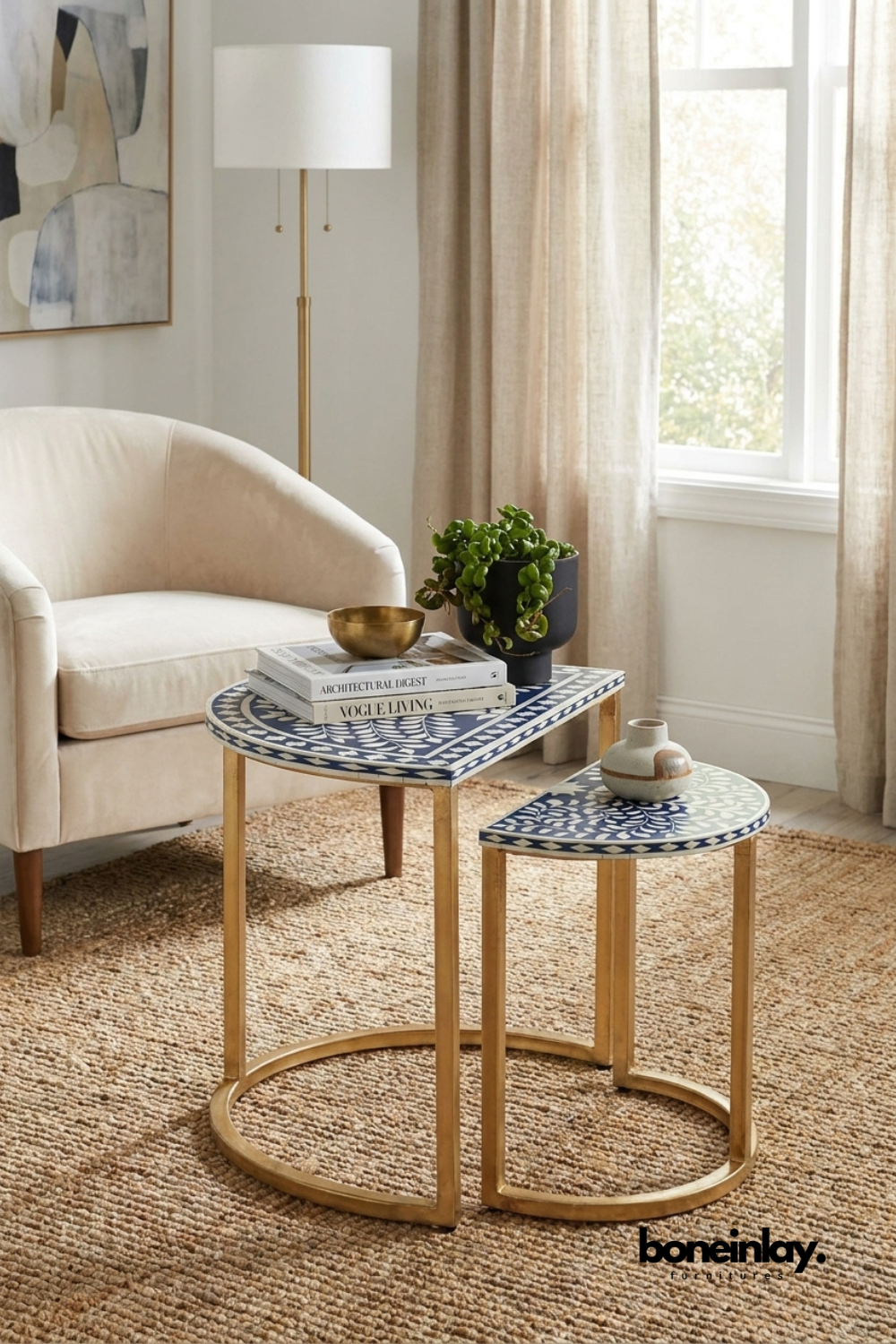 Handmade blue and white floral bone inlay half moon nesting coffee table set with gold metal frame, artisan crafted living room furniture