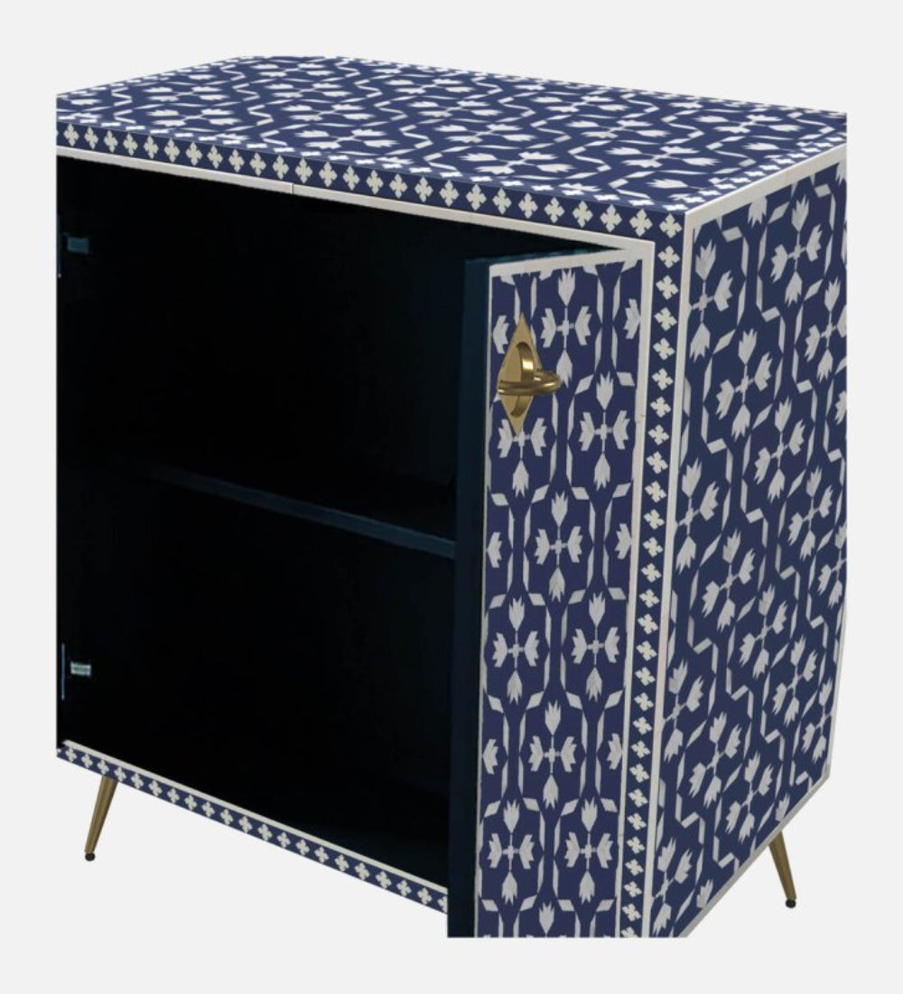Handmade indigo bone inlay cabinet – open door view revealing interior storage with intricate white floral inlay on mango wood