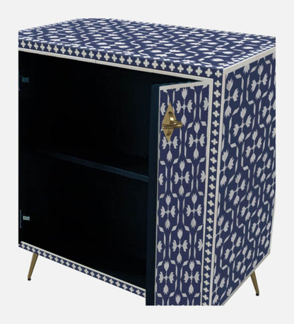 Handmade indigo bone inlay cabinet – open door view revealing interior storage with intricate white floral inlay on mango wood
