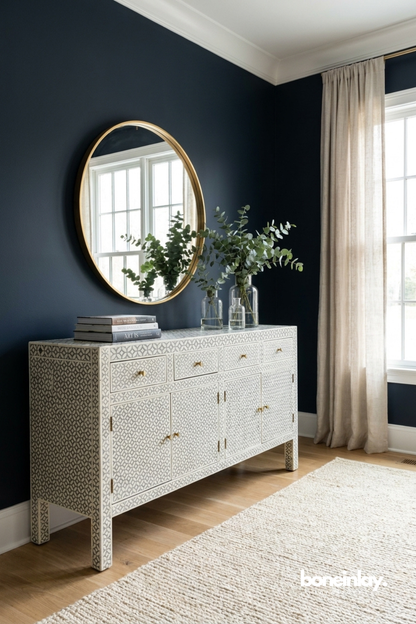 Elegant white bone inlay sideboard featuring intricate geometric lattice design and brushed brass accents.