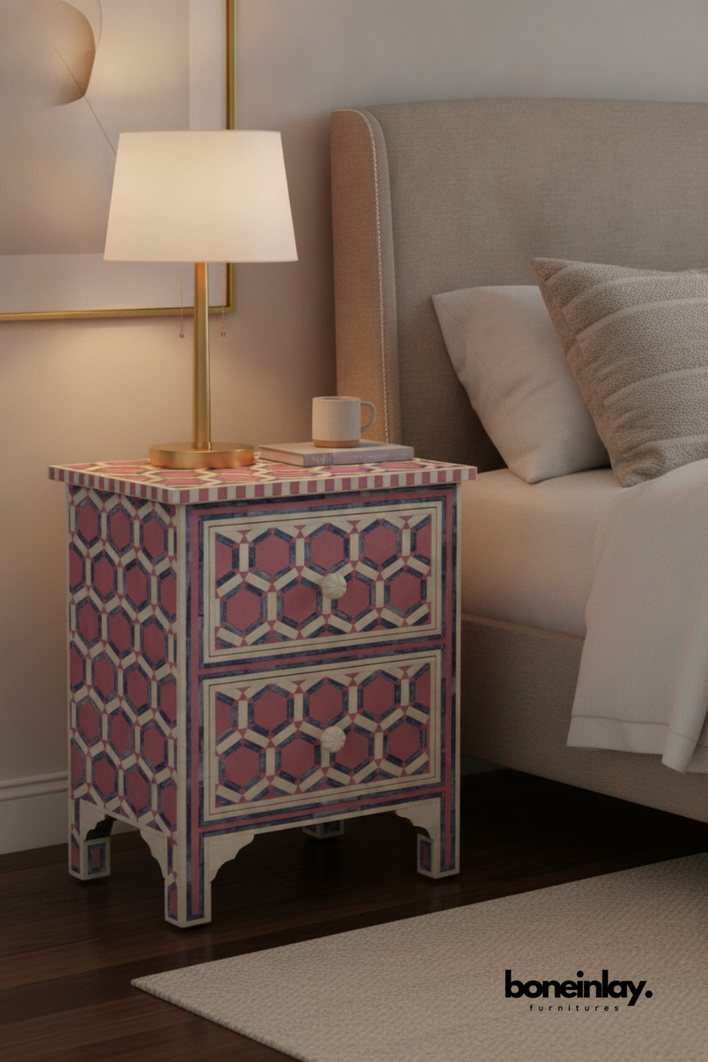 Pink Geometric Bone Inlay Two Drawer Bedside Table