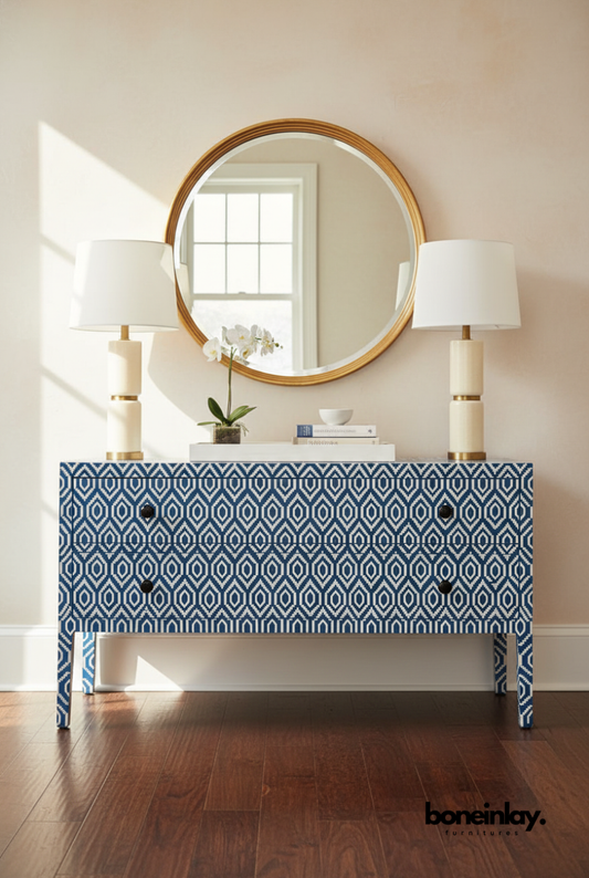 Blue Geometric Bone Inlay Chest Styled with Warm Contemporary Decor