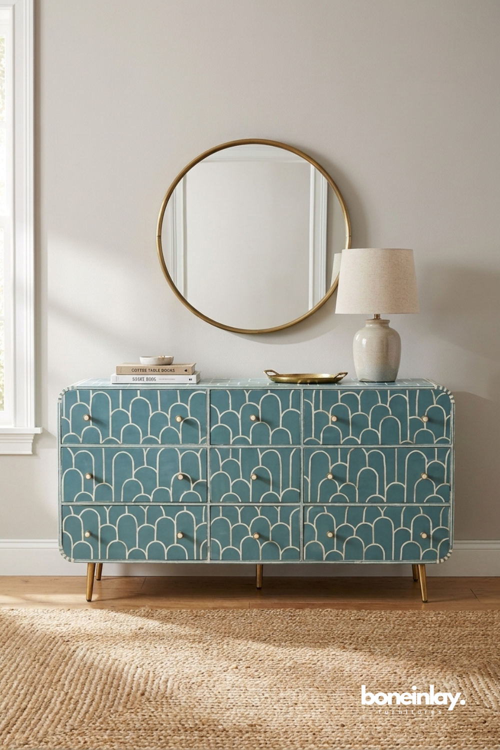 Elegant sky-blue bone inlay dresser showcasing Art Deco-inspired arches, soft hues, and refined brass accents.