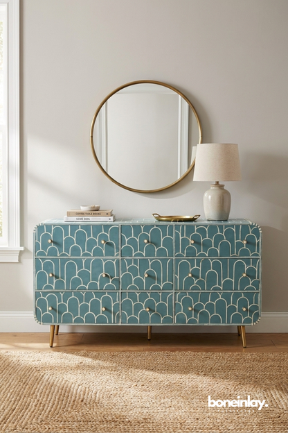 Elegant sky-blue bone inlay dresser showcasing Art Deco-inspired arches, soft hues, and refined brass accents.