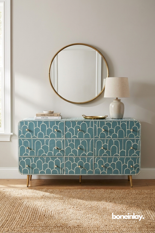 Elegant sky-blue bone inlay dresser showcasing Art Deco-inspired arches, soft hues, and refined brass accents.