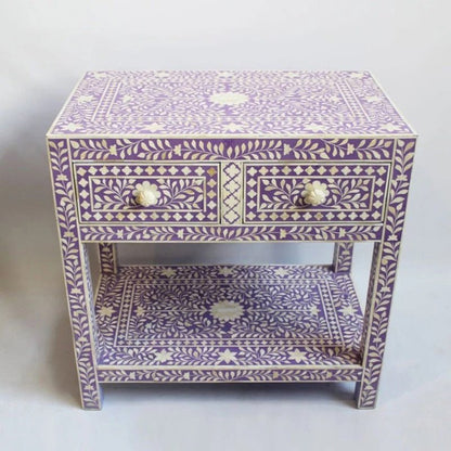 Close Detail of Lavender Bone Inlay Open Shelf with Medallion Floral Pattern and Star Border Design