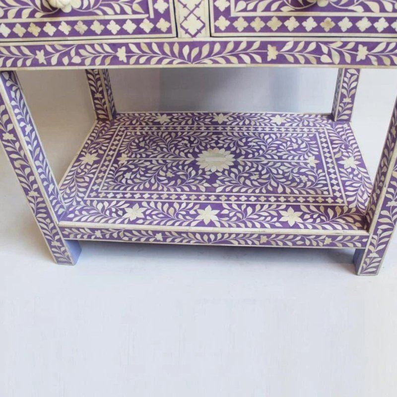 Close Detail of  Flower Knob on Lavender Bone Inlay Drawer with Vine and Leaf Inlay Pattern