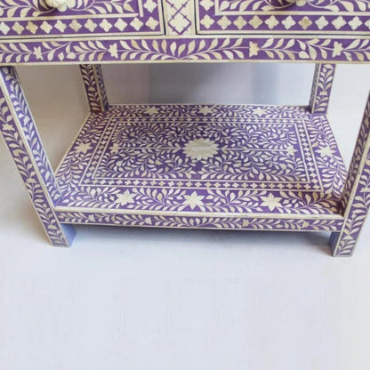 Close Detail of  Flower Knob on Lavender Bone Inlay Drawer with Vine and Leaf Inlay Pattern
