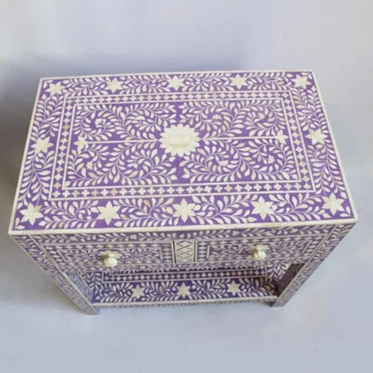 Lavender Bone Inlay Bedside Table Showing Intricate Floral Inlay Pattern on Surface and Drawer Front