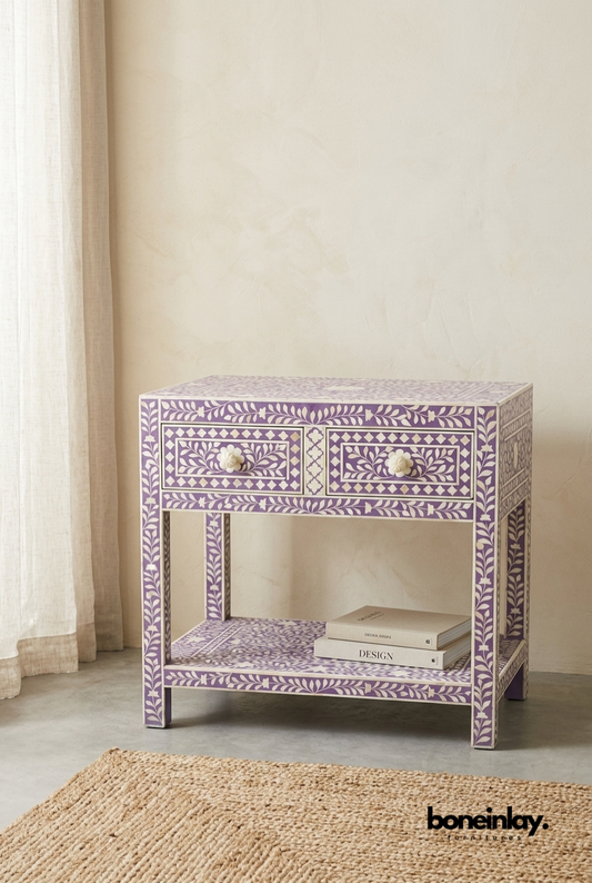 Handmade Lavender Bone Inlay Bedside Table with Two Drawers and Open Shelf – Artisan Floral Nightstand