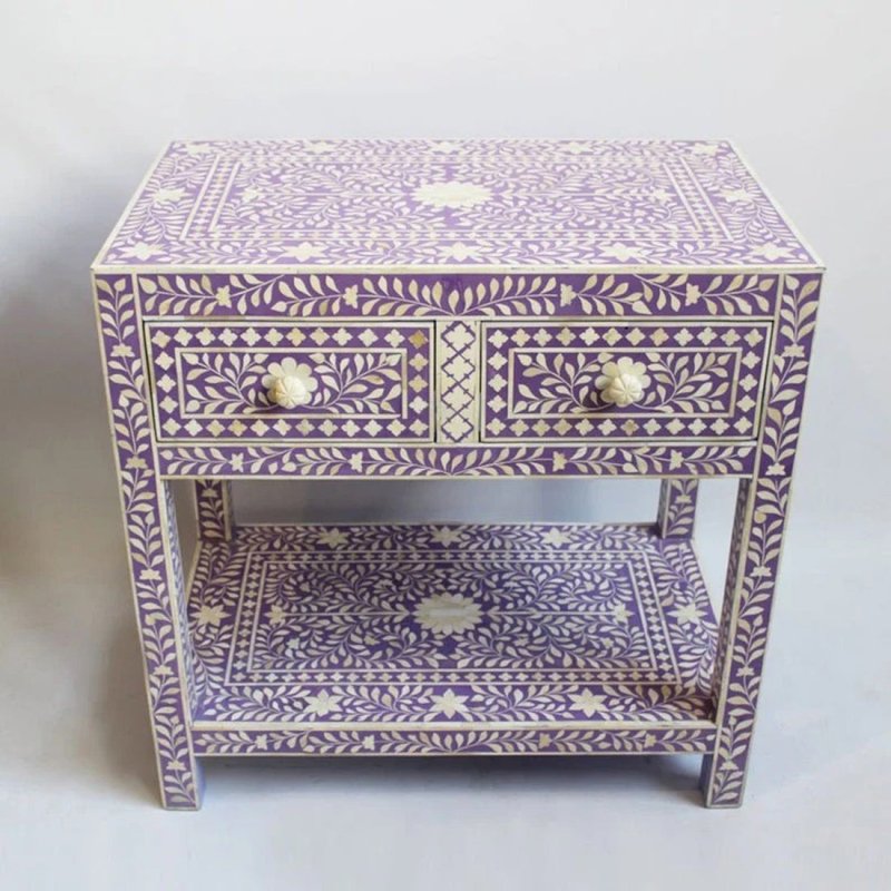 Lavender Bone Inlay Floral Nightstand with Two Drawers and Open Bottom Shelf – Handmade