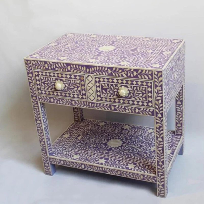 Handmade Lavender Bone Inlay Nightstand with Floral Pattern, Two Drawers, Bone Knobs and Open Shelf