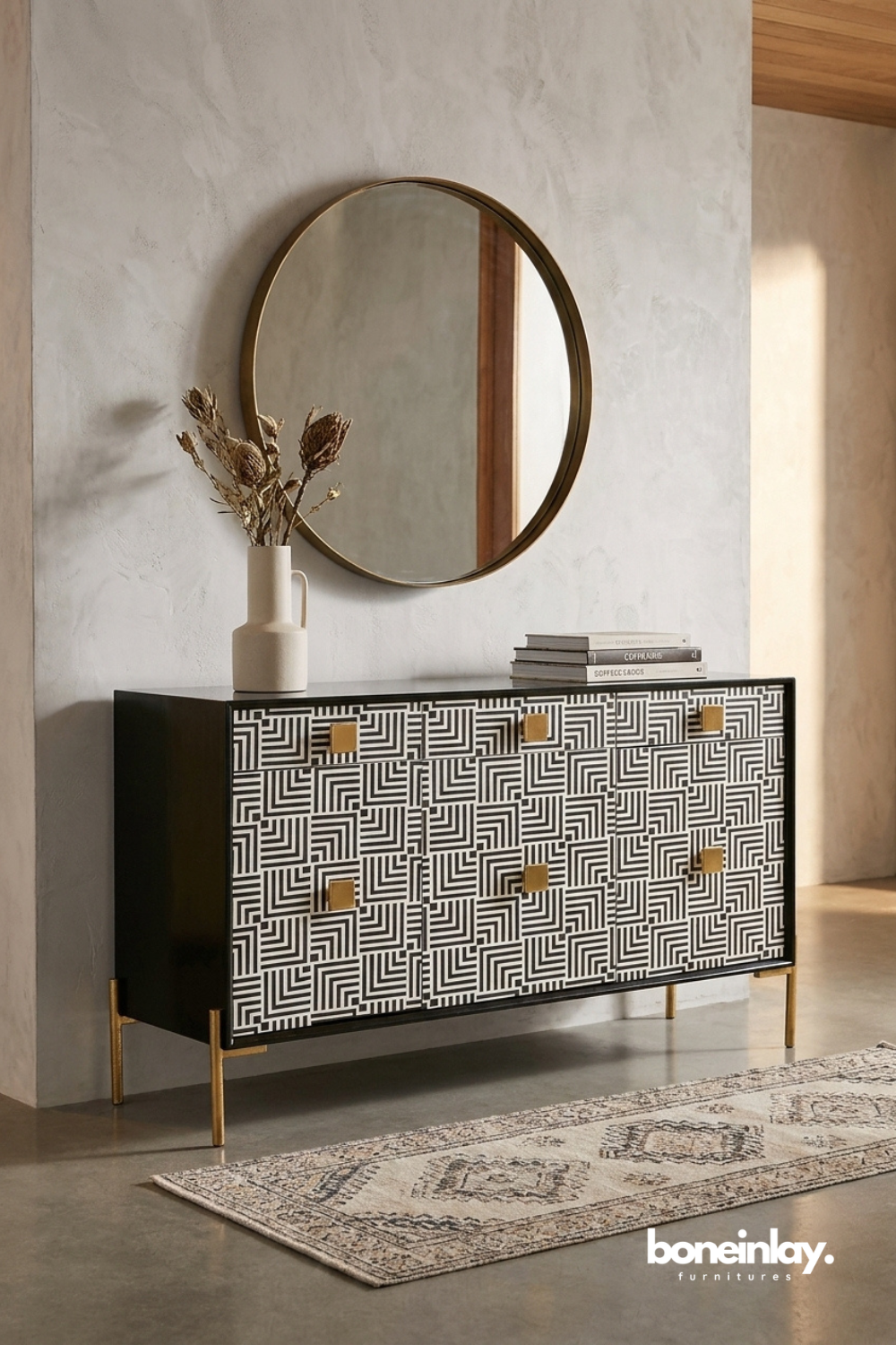 Black and white geometric bone inlay sideboard cabinet with brass accents and contemporary design