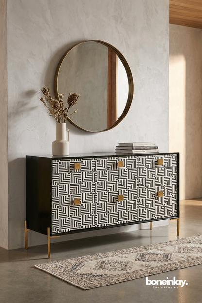 Black and white geometric bone inlay sideboard cabinet with brass accents and contemporary design